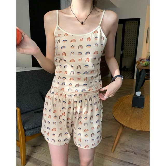 Pijama con almohadillas para el pecho para mujer, pantalones cortos con estampado floral, chaleco con rosca, base elástica para el hogar