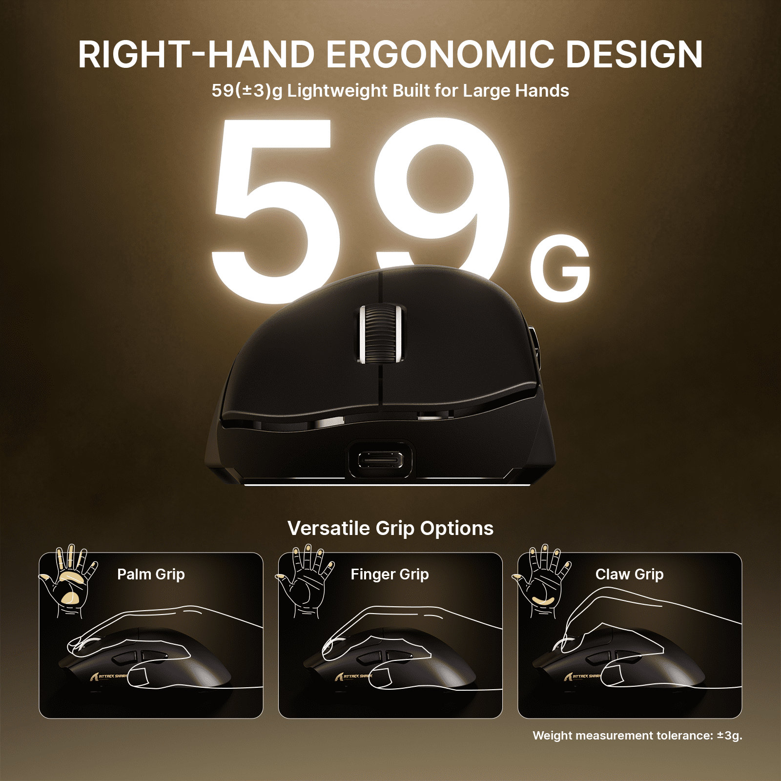 ATTACK SHARK V8 Wireless Gaming Mouse, Tri-Mode 2.4G/USB-C Wired/Bluetooth, PAW3950MAX Sensor, 42000 DPI, Dual 8000Hz Polling Rate, 59g Lightweight Design, PC/Mac Compatible, Black