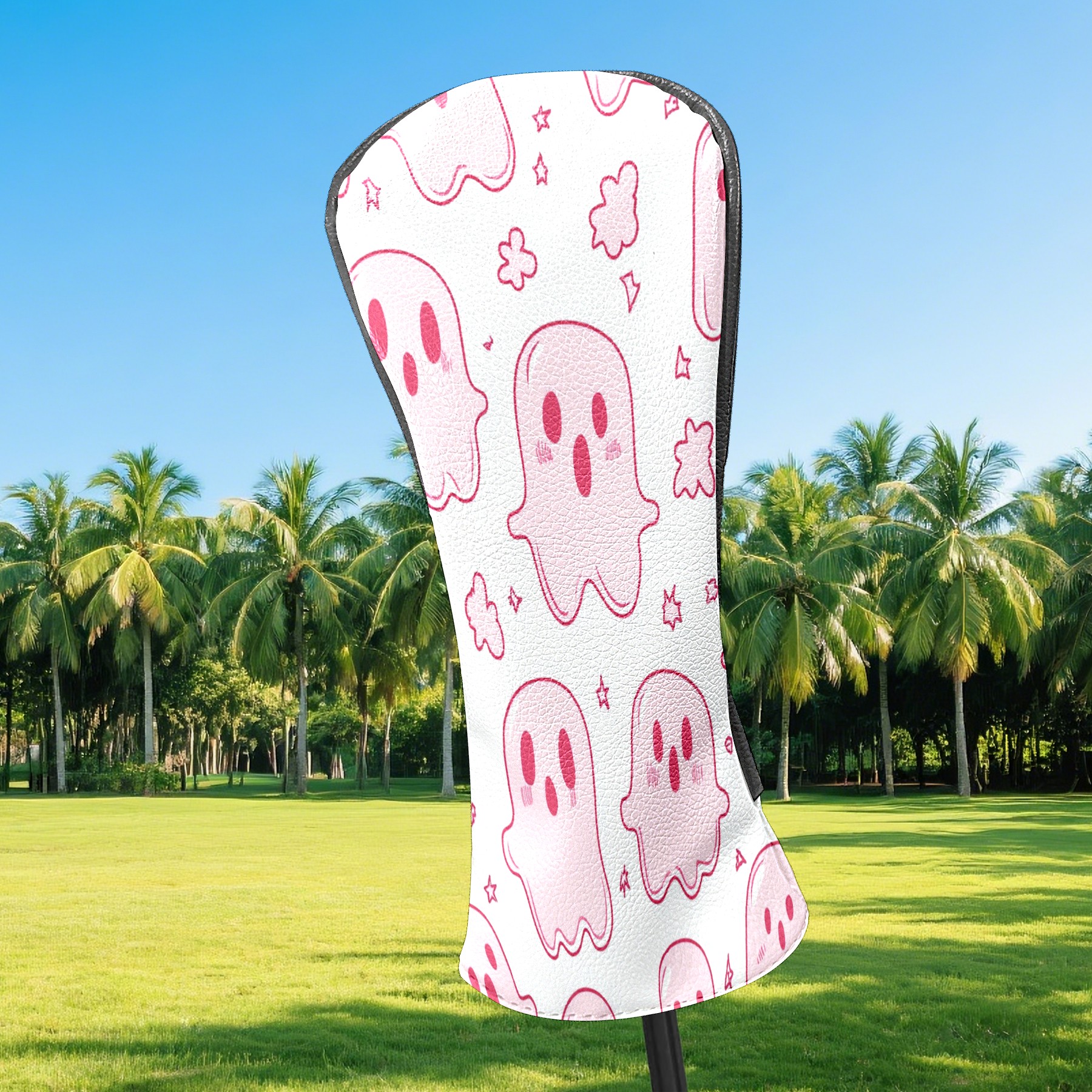 Golf Club Covers, LightPink Cartoon Ghosts Premium PU Leather Driver Hybrid Putter Head Covers with Velvet Lining, Waterproof Golf Gifts for Men Women