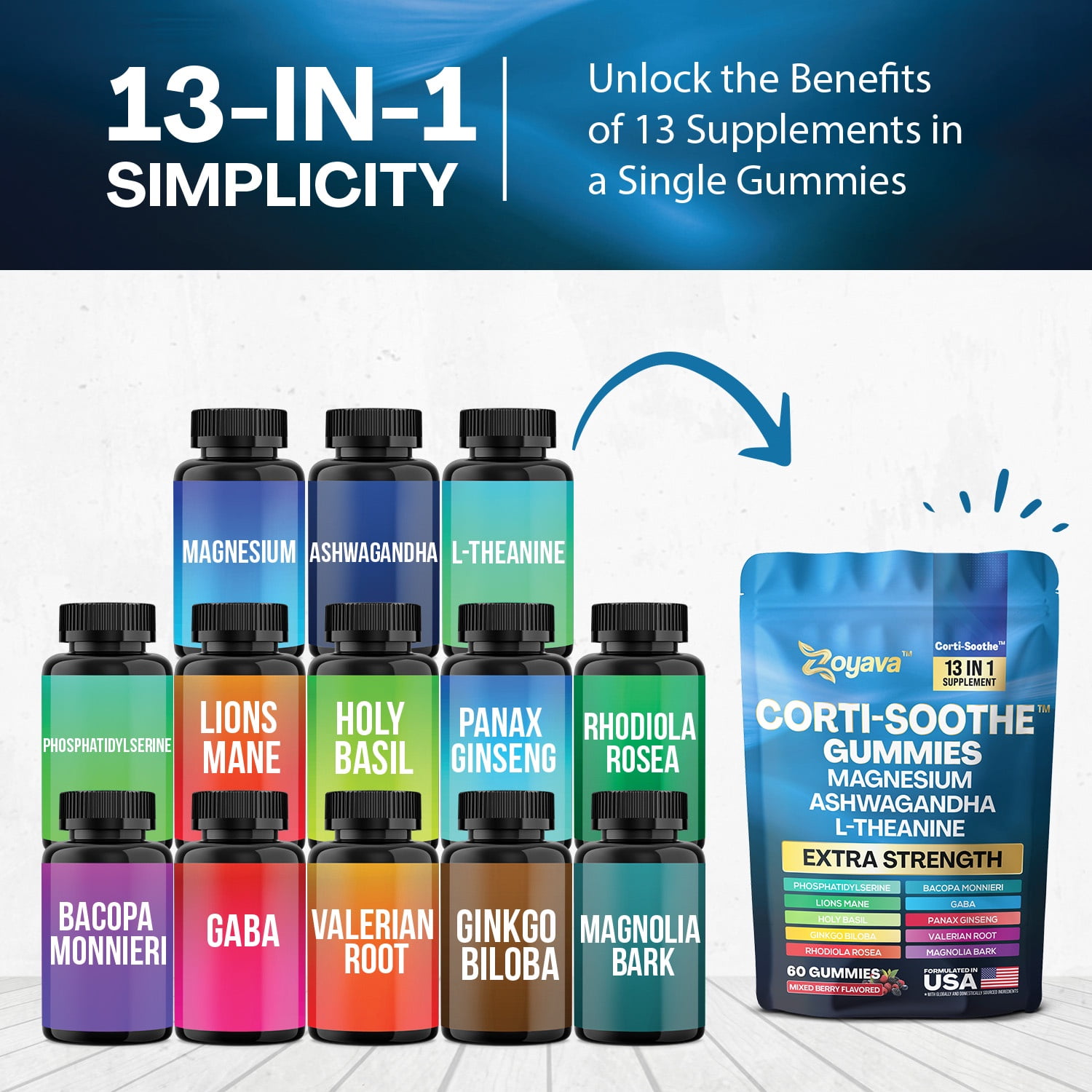 Zoyava Corti-Soothe Cortisol Supplement – Magnesium Glycinate, L-Theanine, Ashwagandha, Phosphatidylserine, Lion’s Mane, Ginkgo, Bacopa & Valerian Root – 60 Mixed Berry Gummies
