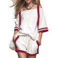 thumbnail image 2 of Women Color Block Off Shoulder Short Sleeve Top and Drawstring Shorts 2 Piece Outfit Set White S, 2 of 9