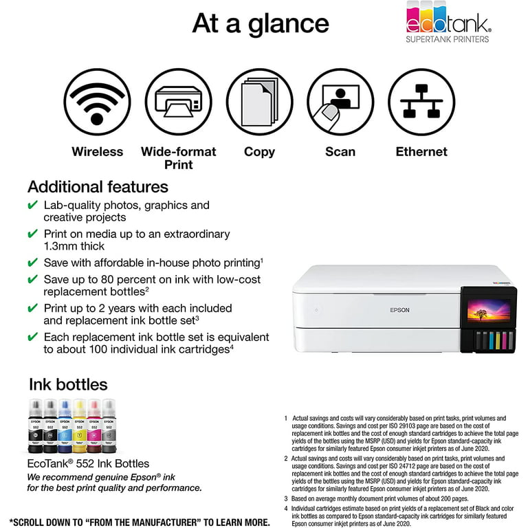 Epson EcoTank Photo ET-8550 Wireless Wide-Format Color All-in-One Supertank  Printer with Scanner, Copier, Ethernet and 4.3-inch Color Touchscreen,  Bundle with AIEC Printer Cable 
