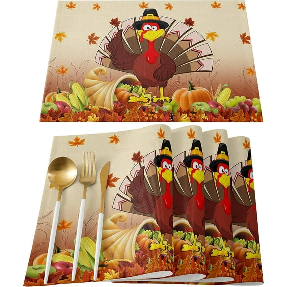 Thanksgiving Turkey Placemats Set of 4, Fall Leaf Autumn Harvest Pumpkin Cotton Linen Stain Resistant Table Mats Washable Placemat Decoration for Kitchen Dining Table,Yellow