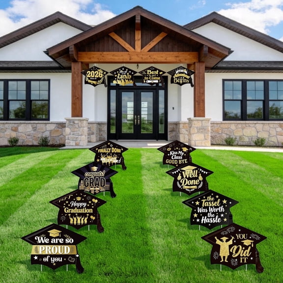 12 Pack Graduation Yard Signs Class of 2026, 12.6 x 8.6 Inch Congrats Grad Lawn Decorations with Stakes, Waterproof Outdoor Yard Decor for Garden, Pathway, Porch, Graduation Party (Black)