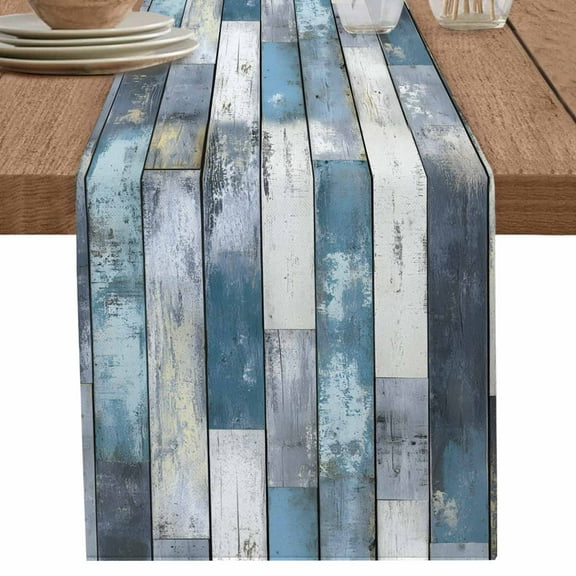 nqOlkjepod Blue Grey Wooden Table Runner 90 Inches Long Farmhouse Dress Scarves, Farmhouse Vintage Cabin Stripes Dining Tablerunner for Coffee Table/Kitchen Island/Party Décor, 13" x 90"