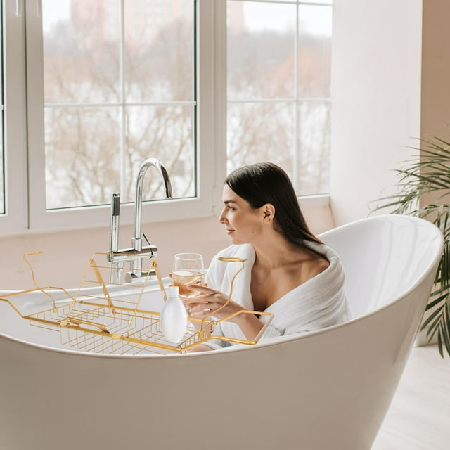 unbranded Soporte Para Bañera Dorado De Acero Resistente Y Anticorrosión Con Estante Retráctil Para Almacenamiento