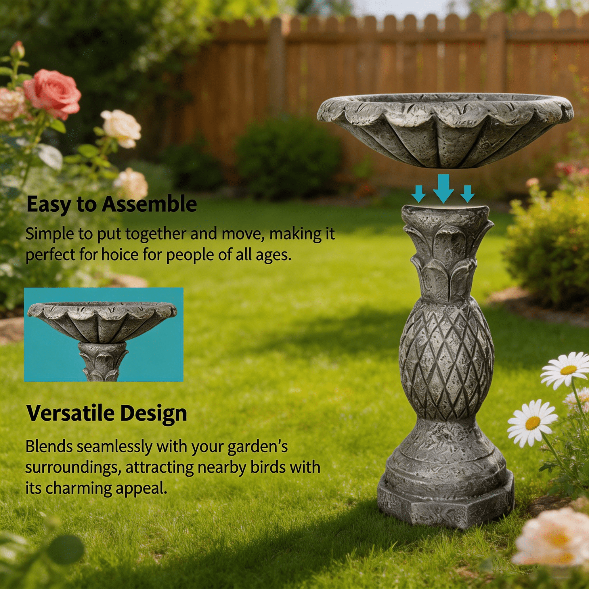Tammesy Modern Elevated Outdoor  Freestanding Bird Bath, 18.7"D x 24.8"H For Garden Patio Backyard