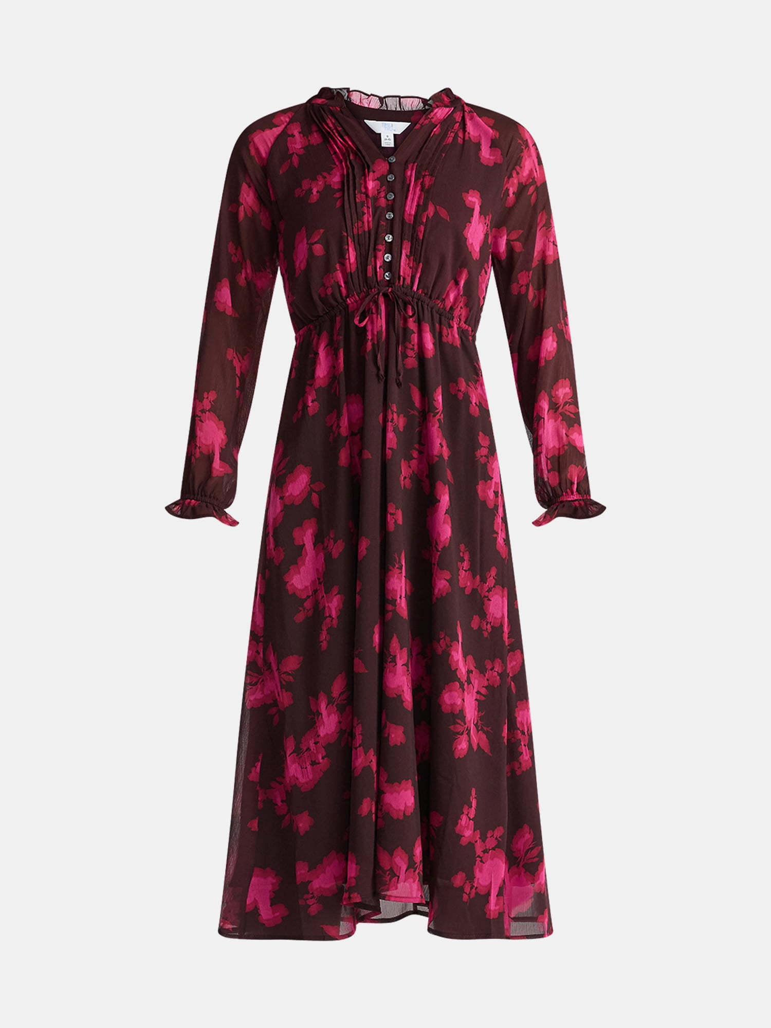 Time and Tru Women's Pintuck Midi Dress with Long Sleeves, Sizes XS-XXXL
