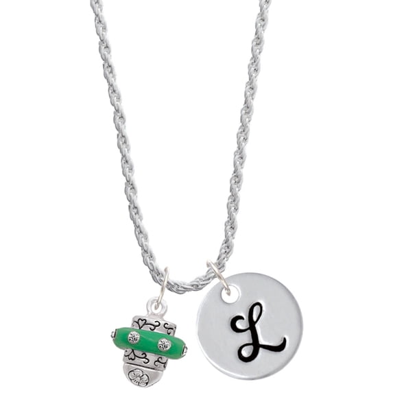 Delight Jewelry Silvertone Crystal Green Spinner Silvertone Script Initial Disc - L - Charm Necklace, 20"+3"