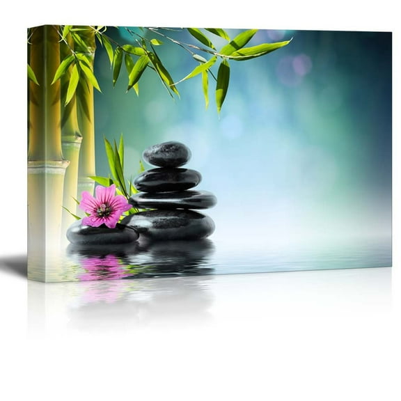 wall26 - Rocks and a Hibiscus Flower Over a Lake Next to Bamboo Trees - Canvas Art Home Art - 32x48 inches