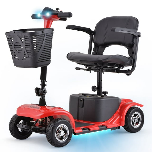 SKRT Trottinette de Mobilité pour Adultes, Aînés, skmc 4 Roues Appareil Électrique Rechargeable pour Voyage, Léger et Portable, avec Phares DEL et Panier, Chargeur Inclus, Rouge/ Bleu