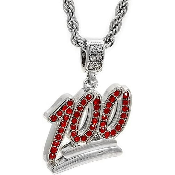 Hip Hop Bling Silver Tone Red CZ The Emoji 100 Pendant 24" Rope Chain #1068