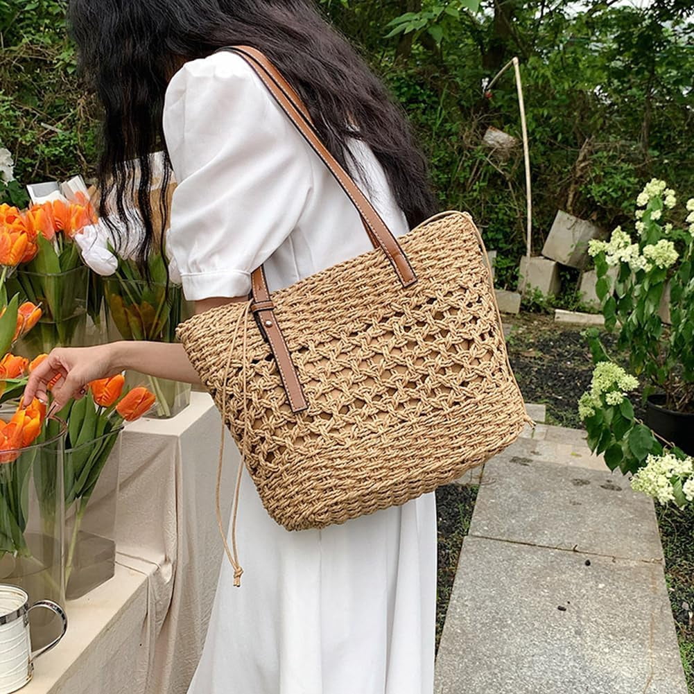 Stylish Boho Straw Tote Bag Hand-woven Purse Beach Handbag Summer Shoulder Bag With Adjustable Strap