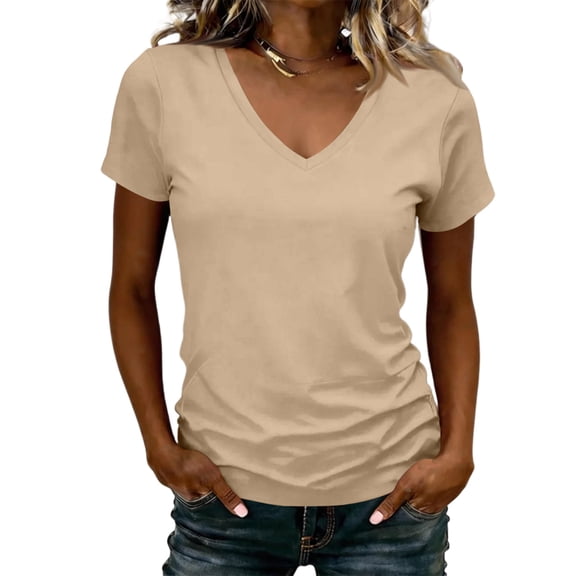 Womens Short Sleeve T Shirts V Neck Tops Summer Trendy Comfy Casual Basic Tee Shirt Beige XXL