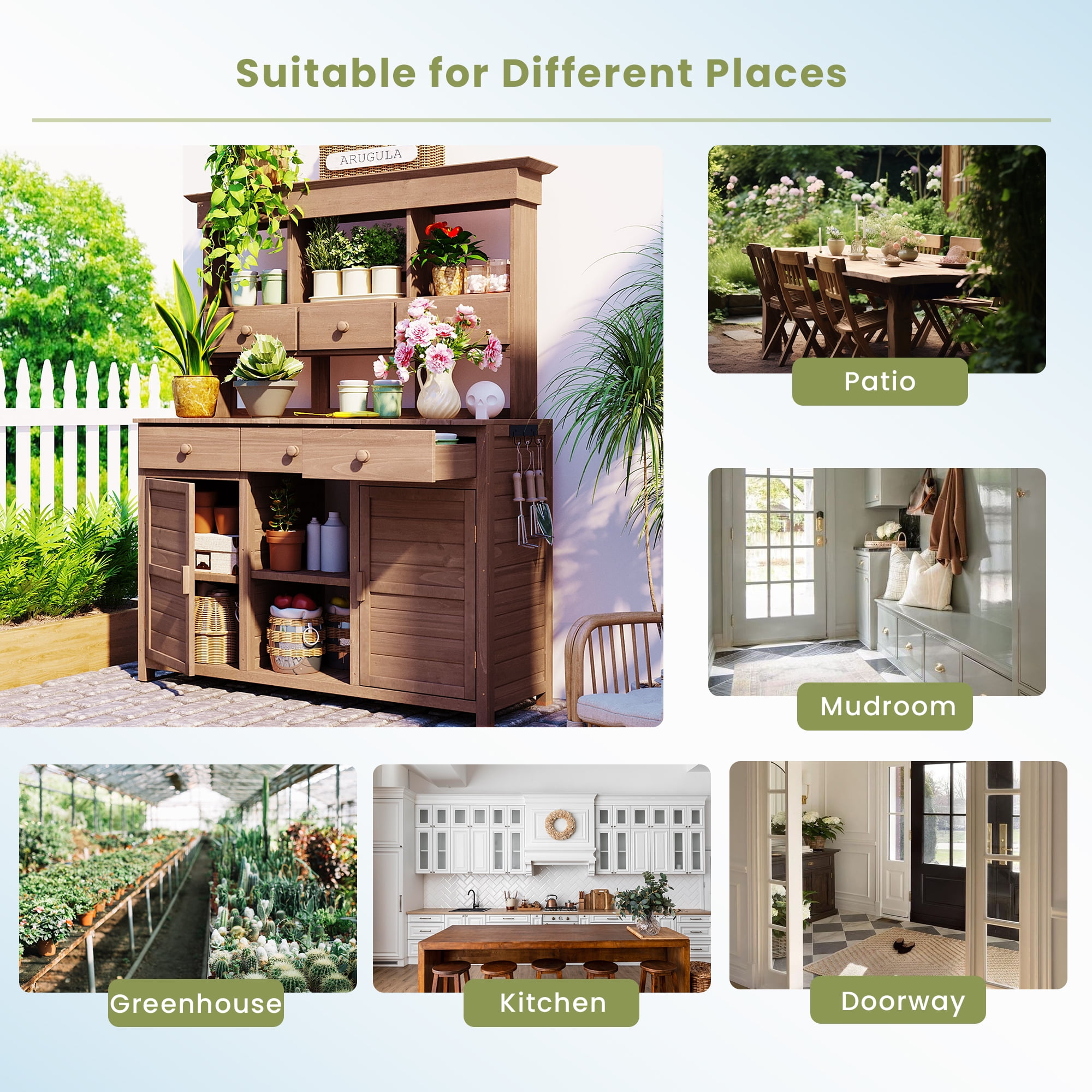 MAYEERTY 65.7" Tall Garden Potting Bench Table with Hutch – Rustic Outdoor Workstation with 3 Shelves, 6 Drawers, 2 Cabinets & Side Hooks