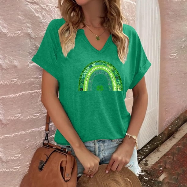 Puntoco Rebajas de blusas cortas para mujer Blusa informal de moda con cuello en V y mangas cortas con estampado del Día de San Pablo para mujer