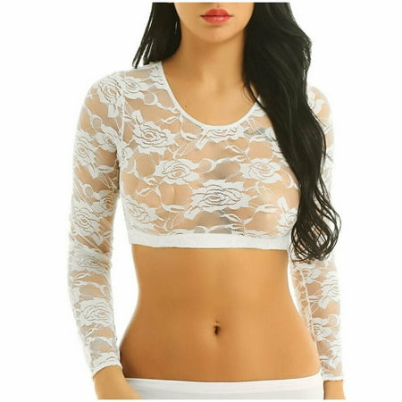 

Fsqjgq Christmas Lingerie for Women Tops Crop Sheer Mesh Lace T Sleeve Shirt Women s Long Casual See-Through Night Gowns Comfy Long Silk Polyester White S