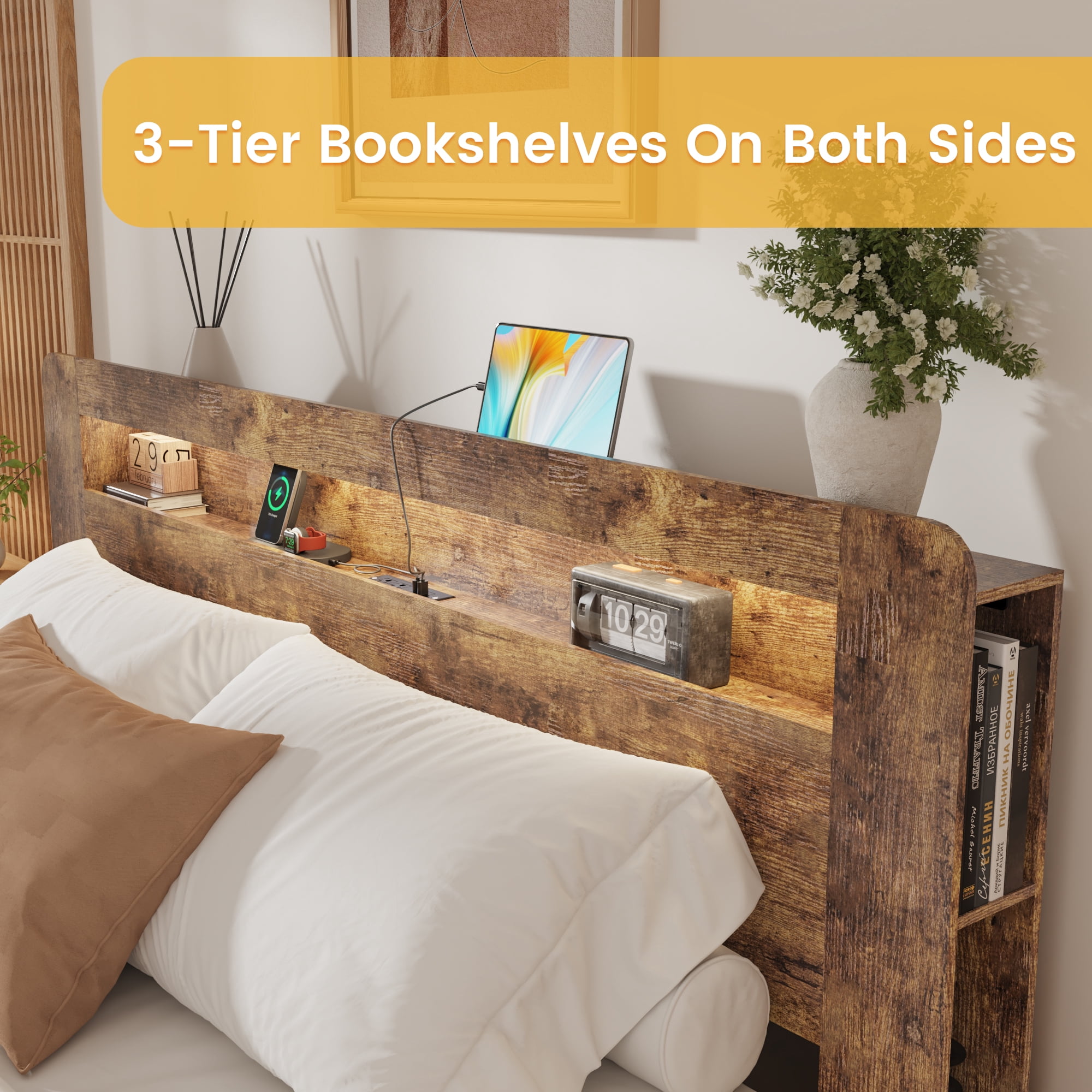 Wooden King Bed Frame with Storage Headboard, Modern Rustic Farmhouse Platform Bed with Charging Station, LED Light, No Box Spring Needed, Noise Free, Easy Assembly, Vintage Brown
