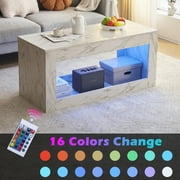 GoDecor 47.2" Modern Coffee Table with LED Light & Large Open Storage Space, Faux Marble High Glossy Coffee End Table for Living Room, Gray