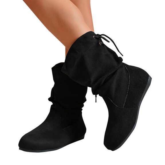 Wide Ankle Boots for Women Fashion Casual Fall and Winter Short Boots Women's Ankle Boots Slouchy Low Calf Flat Booties Comfortable Round Toe Solid Color Casual Short Boots for Women