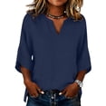 thumbnail image 5 of T Shirts For Women Blue Womens Tops Fashion Linen For Casual Solid Color V Neck 3/4 Sleeve Loose Blouses Summer Tops, 5 of 5