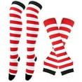 thumbnail image 2 of Lovzfmll Women's Striped Fingerless Gloves, Long Knit Arm Warmers with Socks, Elbow Length Coverage for Winter Warmth and Comfort, White, 2 of 3
