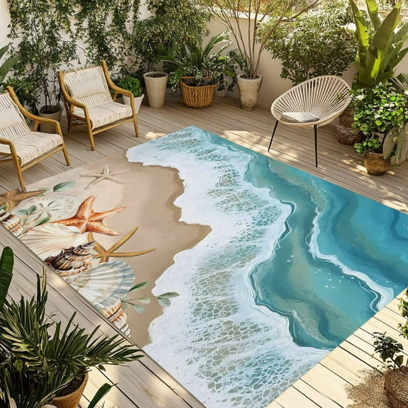 Fsddascl Coastal Beach Ocean Outdoor Rug for Patio/Deck/Porch, Non-Slip Large Area Rug 4 x 6 Ft, Nautical Starfish Shells Conch Indoor Outdoor Rugs Washable Area Rugs, Reversible Camping Rug Carpet