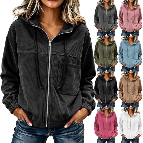 Tqcoqu Corduroy Zip Up Hoodie Jacket for Women,Drawstring Hood Long Sleeve Loose Casual Outerwear Tops with Patch Pocket For Fall Winter,Army Green Women's S-XXXL