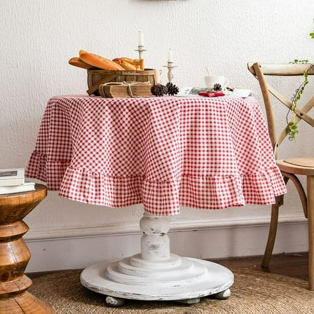 Red and White Buffalo Plaid Tablecloths with Ruffles Farmhouse Country Table Cover for Picnic, Dinner and Party (Red, Diameter 150cm )