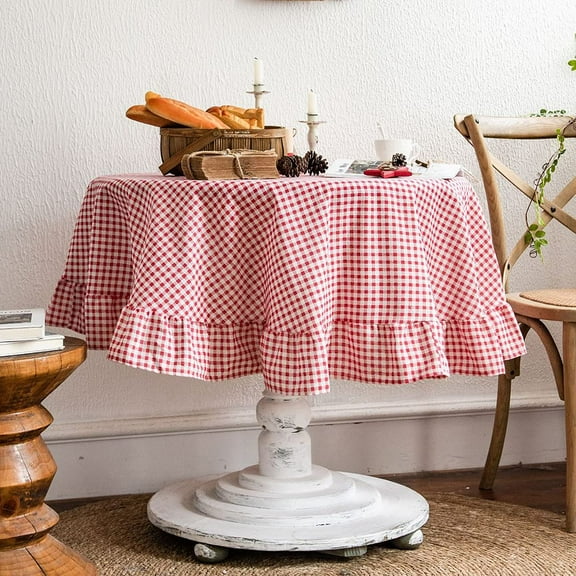 Red and White Buffalo Plaid Tablecloths with Ruffles Farmhouse Country Table Cover for Picnic, Dinner and Party (Red, Diameter 150cm )