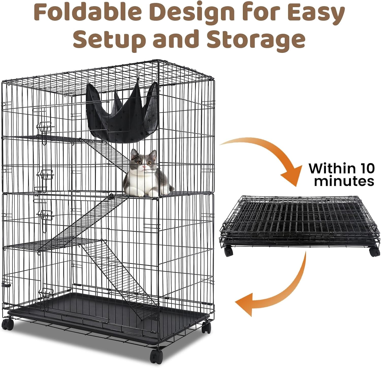Homey Pet 51 Inch Cat Cages Indoor, Large 4-Tier Cat Crates for Indoor Cats, Collapsible Metal Wire Cat Enclosures Big Kennel for Adult Cats Kitten  with Hammock, Ladders, 360° Wheels
