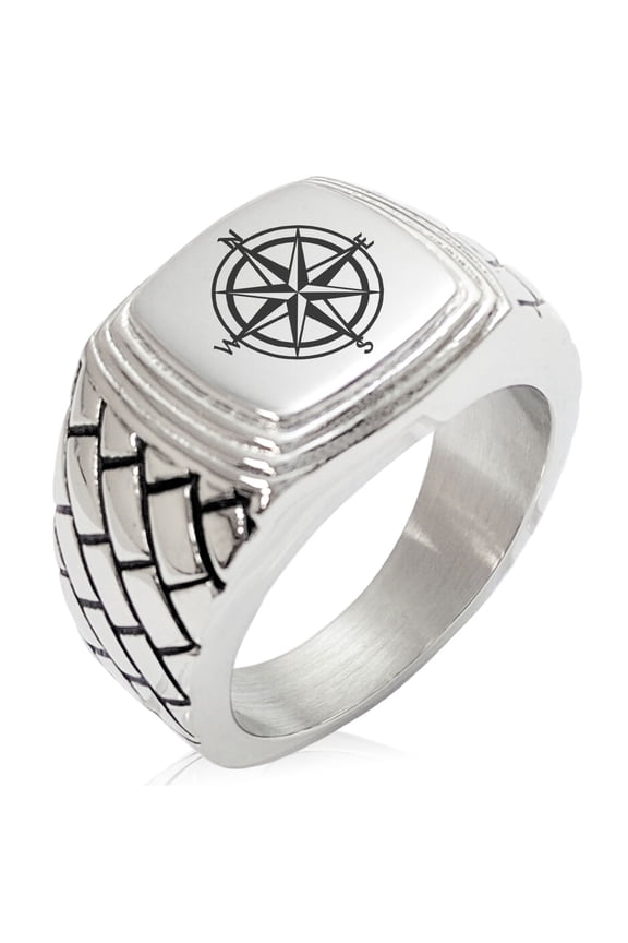Stainless Steel Nautical Star Compass Geometric Pattern Step-Down Biker Style Polished Ring
