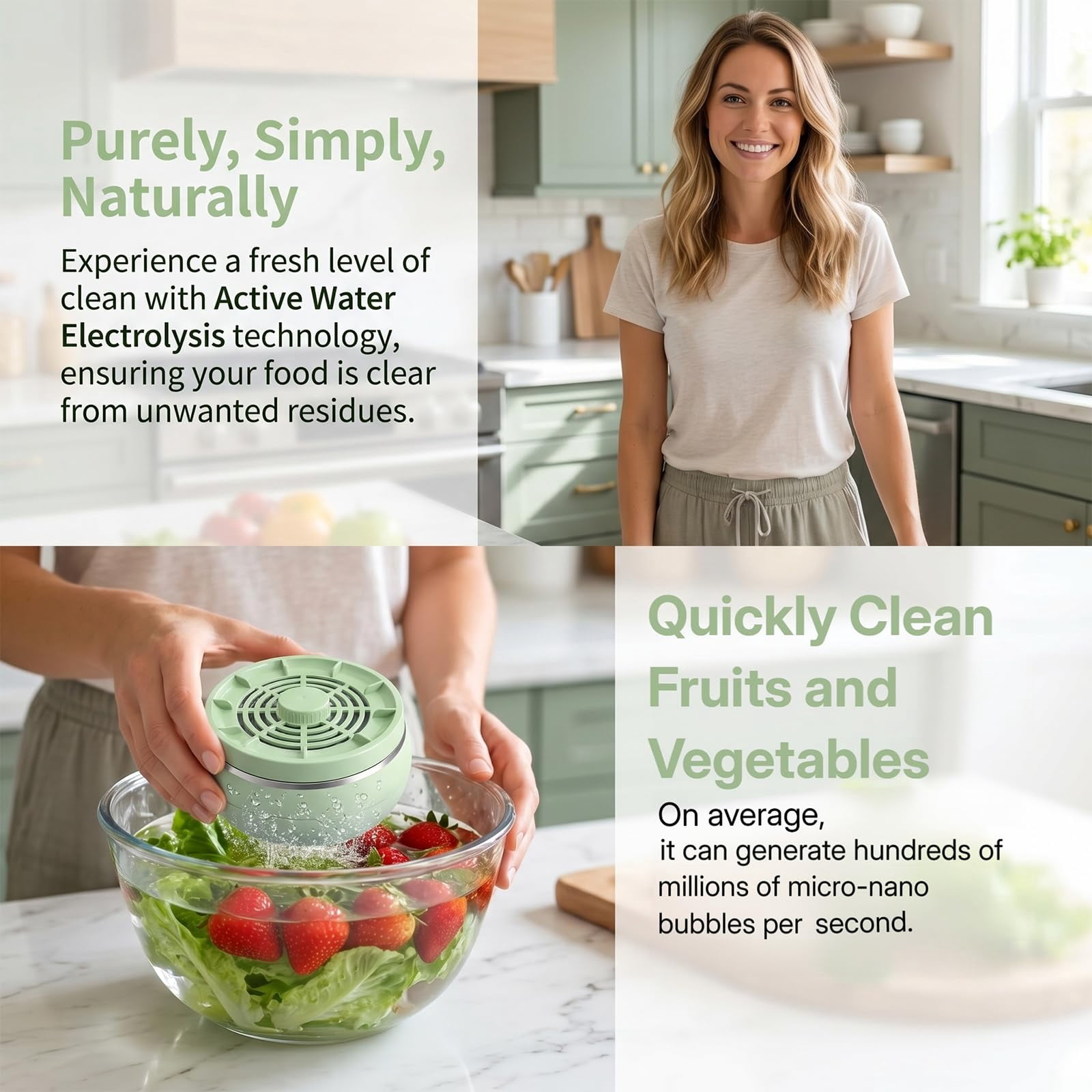 Fruit and Vegetable Washing Machine, Portable Produce Cleaner Device for Kitchen Sink, Water Electrolysis Tech for Veggies Meat Seafood Grains, IPX7 Waterproof Deep Wash