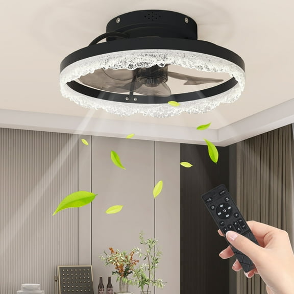 Crystal ceiling fan with light and remote control, 15.7-inch ceiling fan with light, 3000K-6500K dimmable recessed ceiling fan with light (black)