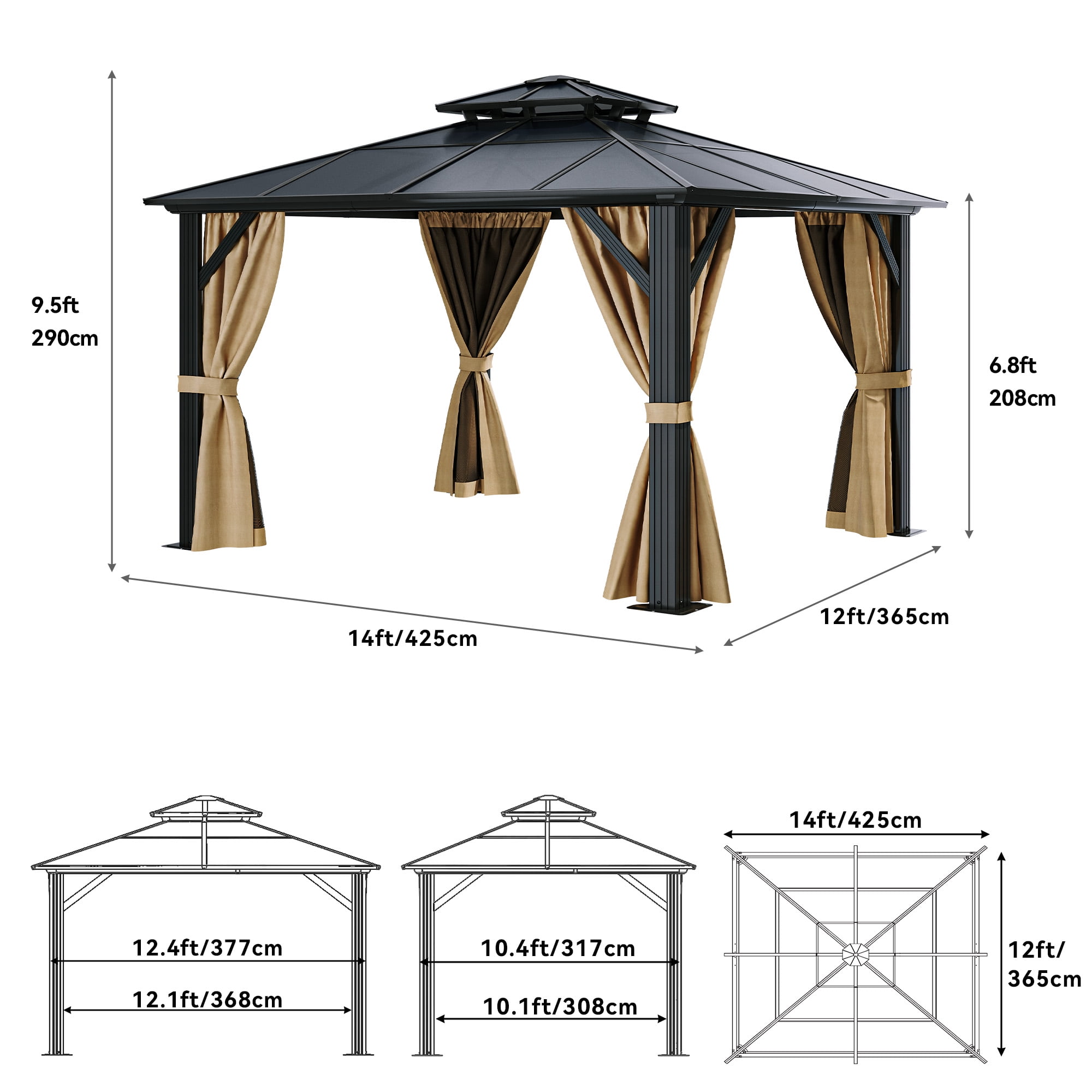 Dextrus 12' x 14' Brown Hard-Top Double Roof Canopy