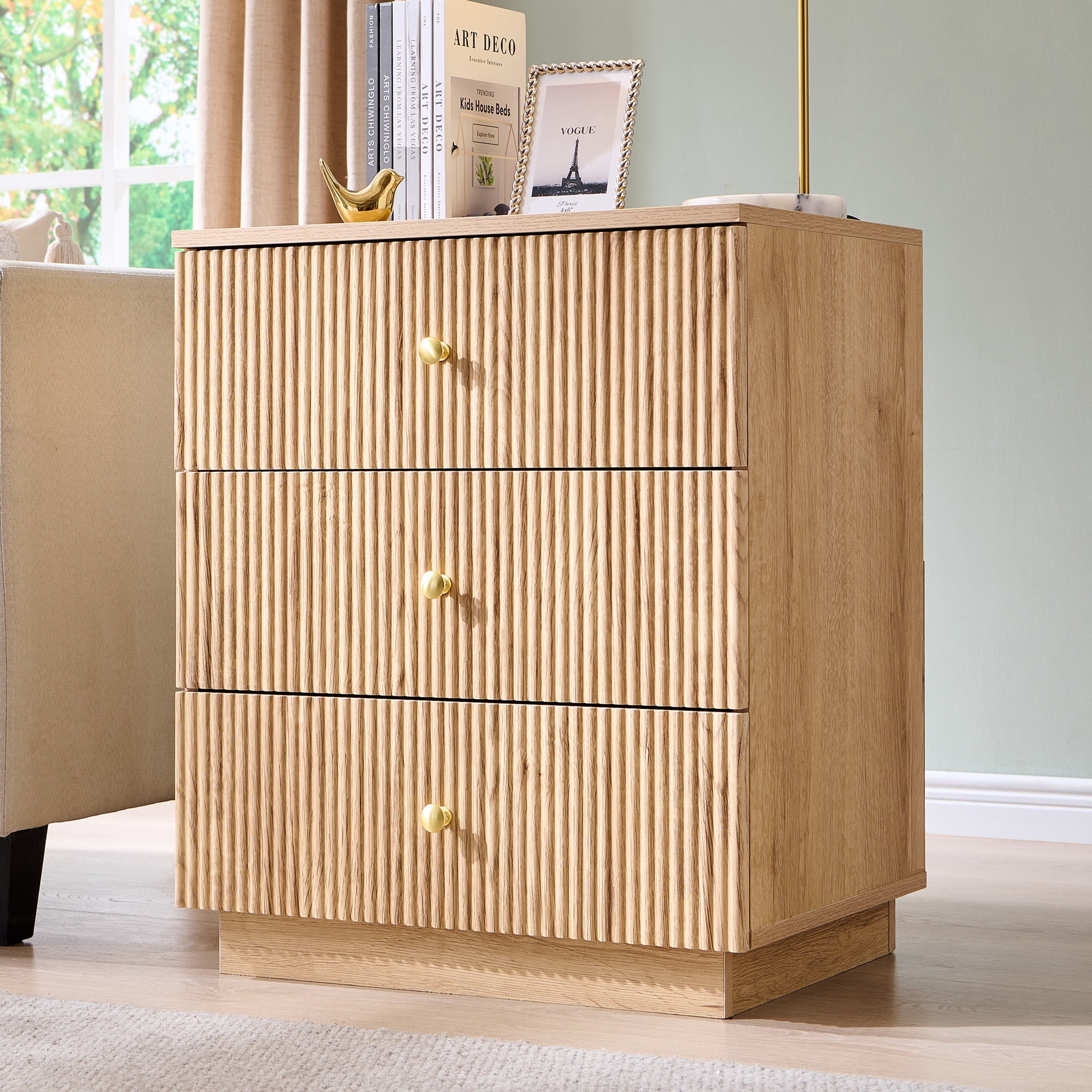 wow97e Modern Fluted Nightstand Set of 2 with Charging Station, 21.65" End Table with 3 Drawer, Bedside Table for Bedroom, Living Room