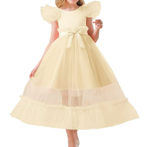 Sngxgn Girl's Long Sleeve Neck Dress Casual Flared Dresses(Gold,110)