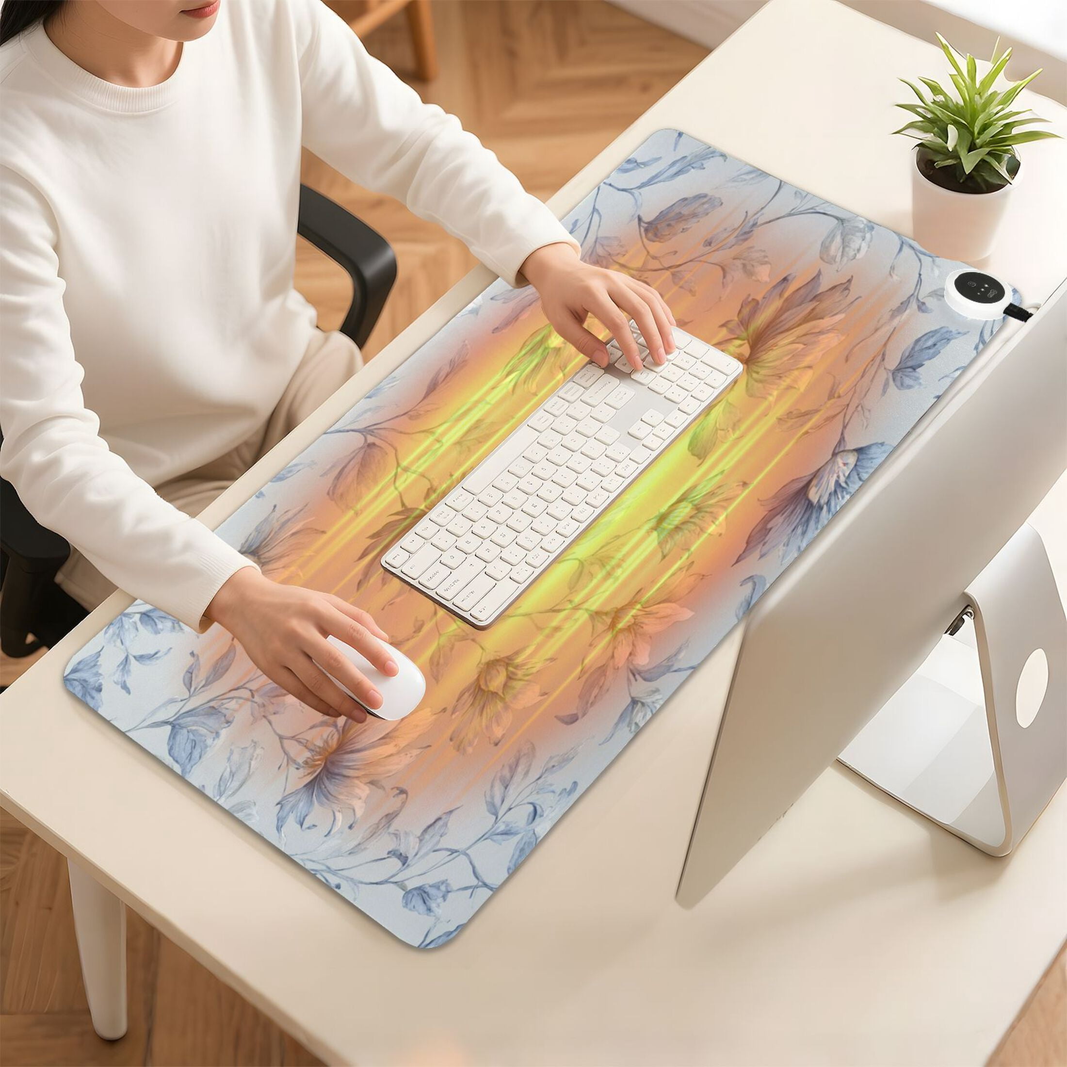 Large Heated Desk Mat Mouse Pad 31.5"x13"PU Leather Graphene Heating Desk Warmer with 3 Temperature Settings 110V US Plug Non-Slip Warm Pad for Home, Office, and Gaming Exquisite Blue Peony Design