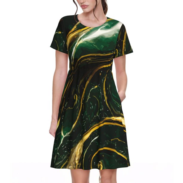 Disketp Green Marble para Vestido de Manga Corta para Mujeres, Vestidos de Verano para Mujeres, Casual y Holgado para la Playa