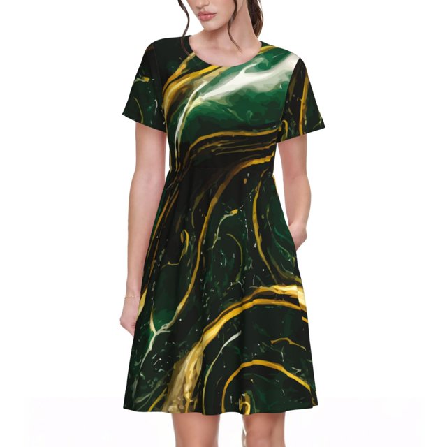 Disketp Green Marble para Vestido de Manga Corta para Mujeres, Vestidos de Verano para Mujeres, Casual y Holgado para la Playa