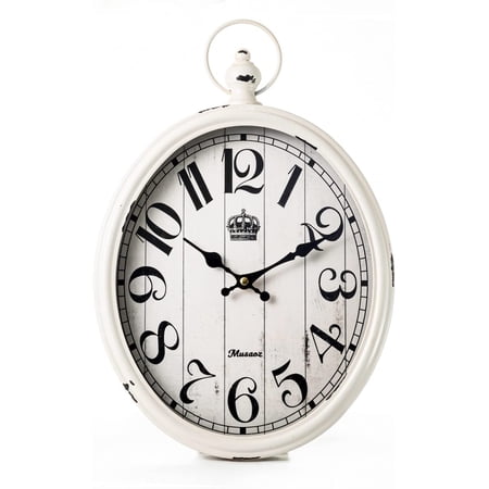 Oval Wall Clock Metal 16 inch Large Battery Operated Retro Wall Clock Old-Fashioned Antique Design Rustic Vintage Style Decor Wall Clock for Living Room Kitchen Farmhouse White