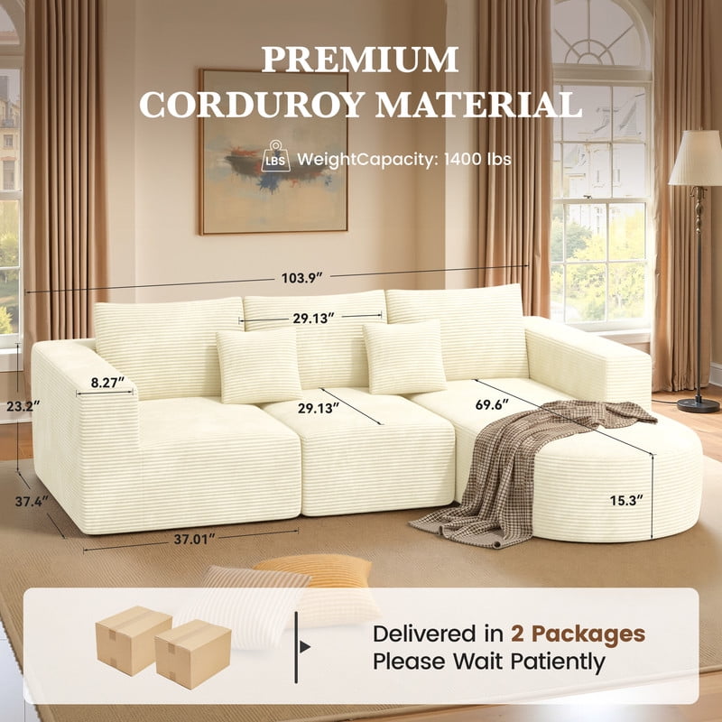 Daluvenix 104” Modular Sectional Sofa Cloud Sectional Couch with Deep Seat Modern Modular L-Shape Sofa Couch with Chaise Upholstered Couches for Living Room Bedroom