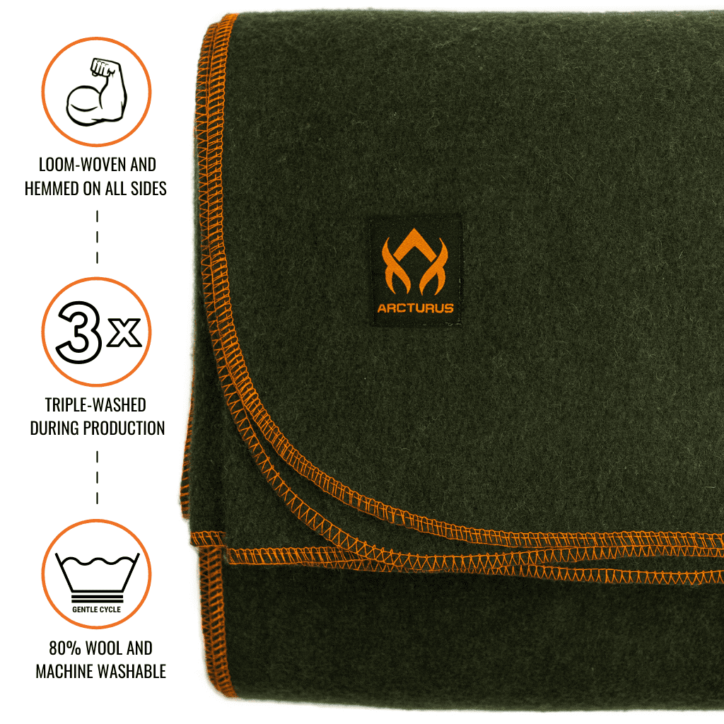 Arcturus Military Wool Blanket - 4.5 lbs, Warm, Thick, Washable, Large 64" x 88" - Great for Camping, Outdoors, Sporting Events, and Survival Kits (Olive Green)