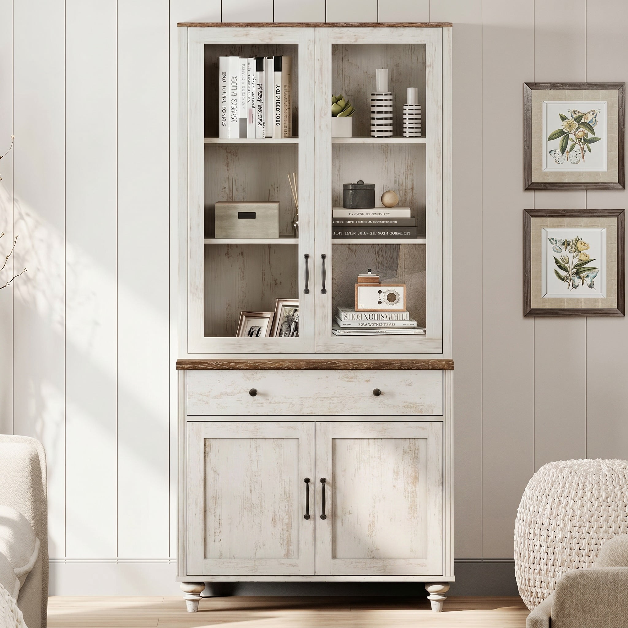 72"H × 34"W 5-Tier Farmhouse Wooden Library Bookcase with Glass Doors & Spacious Storage Cabinet, Freestanding Bookshelf for Living Room, Office & Kitchen, Rustic white