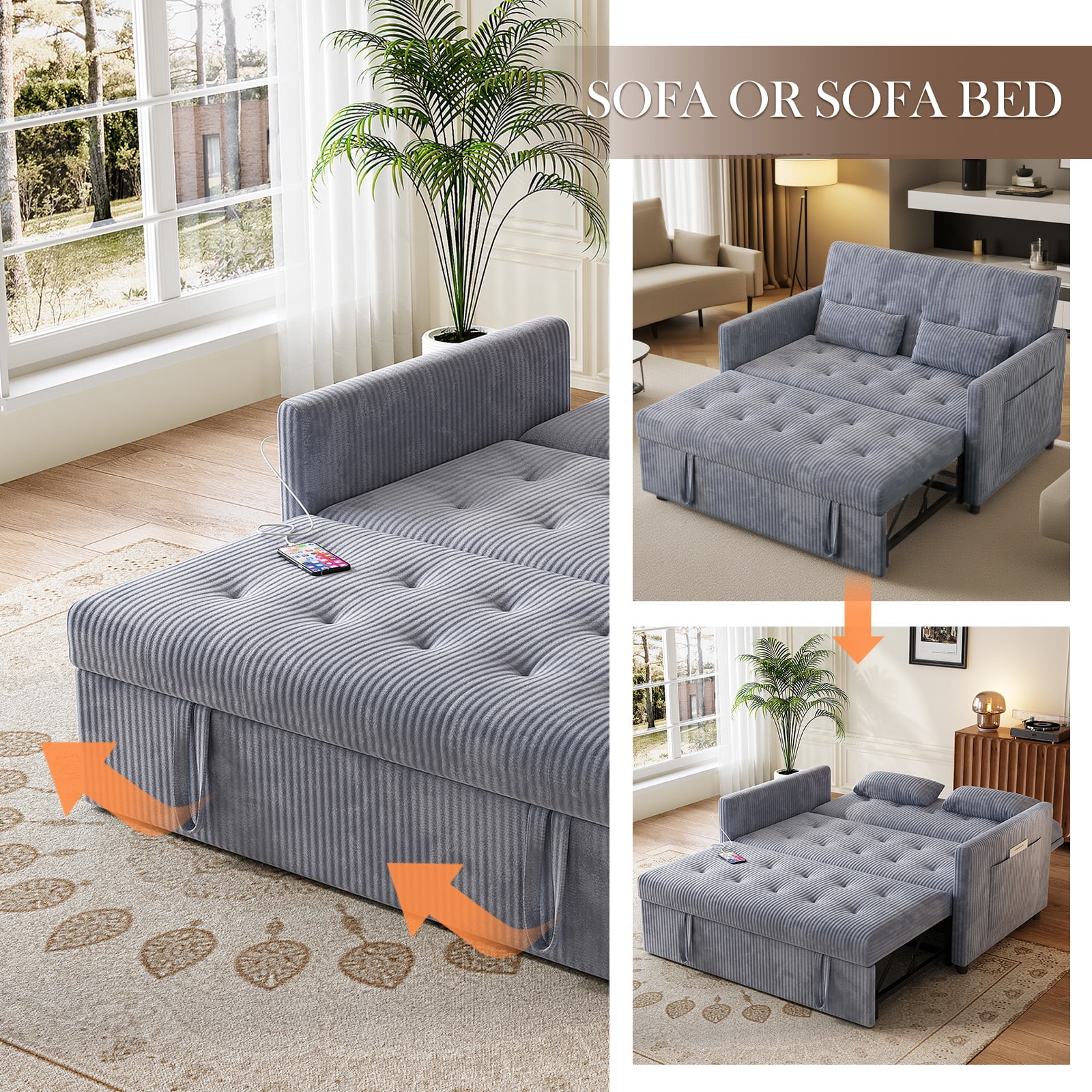 53" Corduroy 3-in-1 Convertible Loveseat Sofa Bed with Pull-Out Sleeper, Adjustable Backrest, USB & Type-C Ports, Storage Pockets, Small Space 2-Seater Couch for Living Room, Bedroom, Apartment, Gray