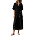 thumbnail image 6 of YuXingFu Womens Cotton Dresses with Sleeves Maxi 3/4 Sleeve Plus Size Womens Dress V-Neck with Pocket Long Casual Summer Black S, 6 of 9