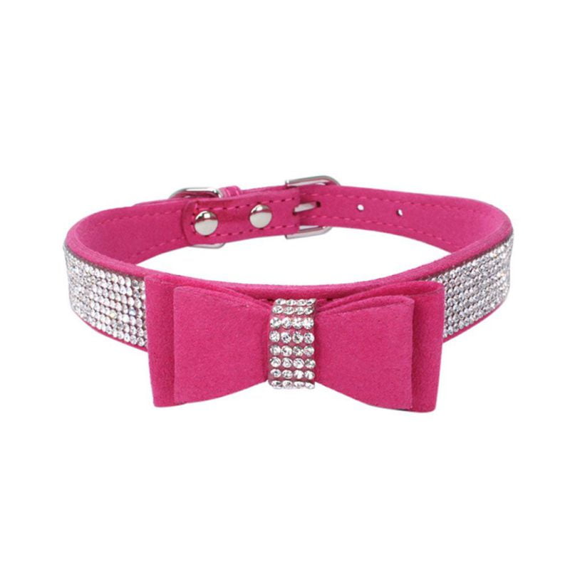 Full Rhinestone Soft Seude Leather Dog Collar Bling Padded Bow Knot