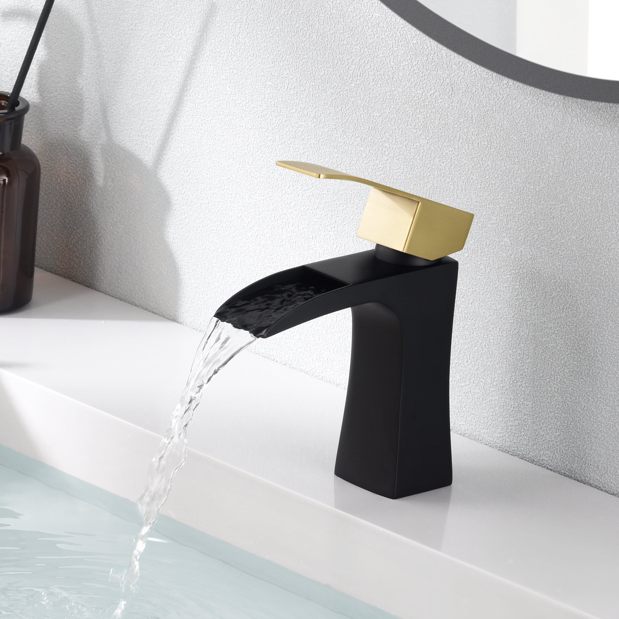 SUMERAIN Waterfall Bathroom Faucet Single Handle Single Hole Black and Gold Bathroom Sink Faucet Stainless Steel