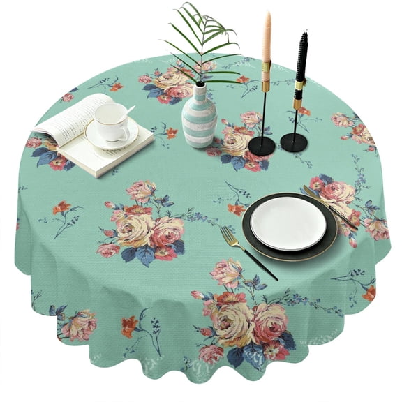Round Light Green with Rose Tablecloth -Linen Fabric Table Cloth - Washable Reusable Table Cover with Dust-Proof Wrinkle Resistant for Restaurant, Picnic, Indoor and Outdoor Dining 60 Inch X 60 Inch