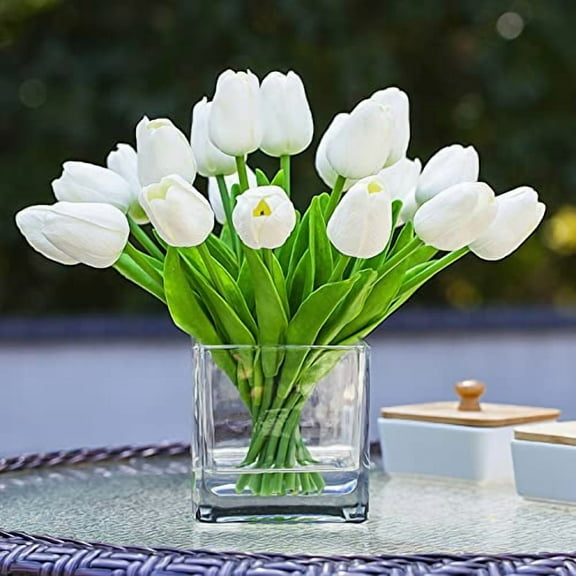 ENOVA HOME 20 Pieces Artificial Real Touch Tulips Flower Arrangement in Cube Glass Vase with Faux Water for Home Office Decoration (White)